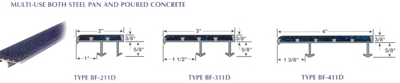 Extruded aluminum stair treads for multi-use both steel pan and poured concrete.